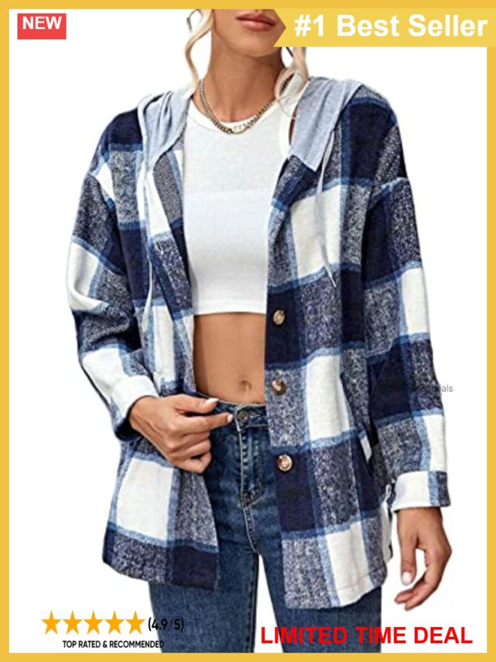 Women's Hooded Plaid Flannel Shacket Oversized Button Down Jacket